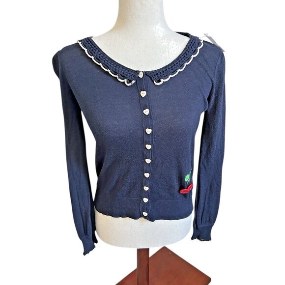 Ladies Cardigan Embroidered Collar Long Sleeve Cherries Navy Size Medium Topshop - Picture 1 of 12